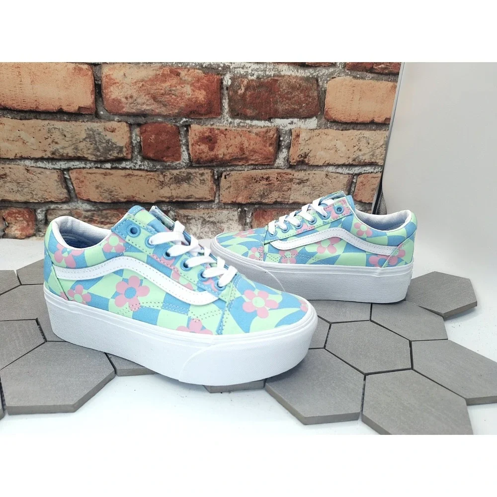 Vans Old Skool Stacked 2in Platform 70s Groovy Floral Checkerboard Women 5.5 /4Y - Picture 2 of 11